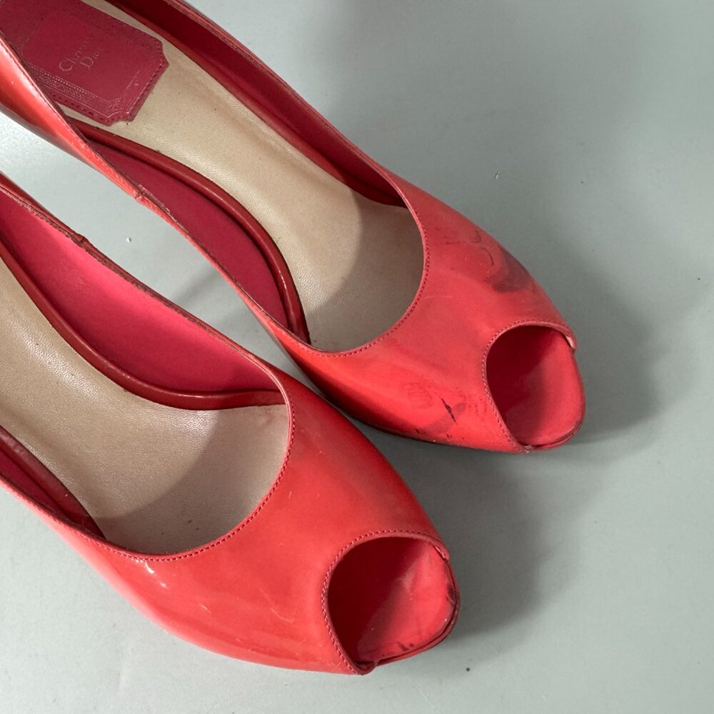 Dior Miss Dior Pink Coral Patent Leather Peep Toe Stiletto Heels Pumps size 38.5 - Picture 10 of 13